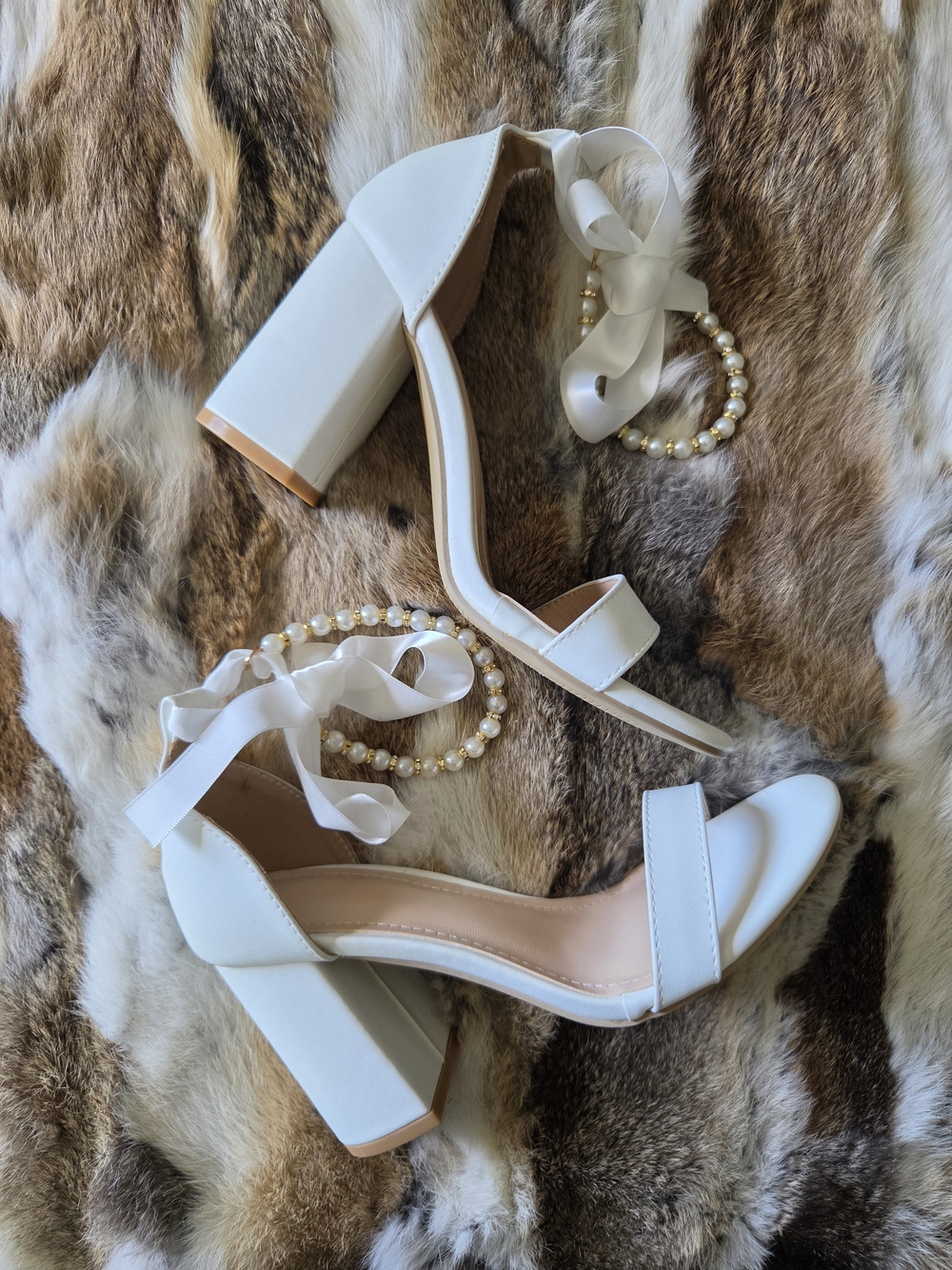 White Block Heels with Bow, Pearl and Gold Ankle Ties